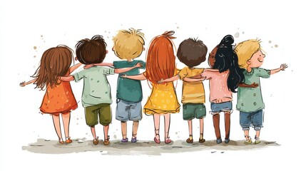 Group of happy children from back, no logos, no brands