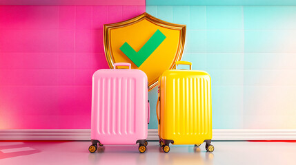 Secured travel and baggage protection with colorful suitcases in pink and yellow under a golden shield with a green checkmark.