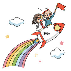 Happy graduates flying rocket with rainbow trail graduation
