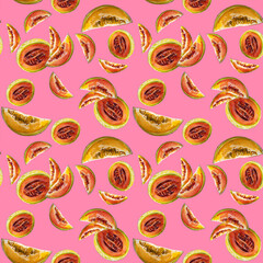 Summer mood pink background. Seamless pattern with different melons. Fruit. Handmade, watercolor painting.