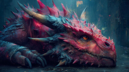 Extreme close-up portrait of a powerful red and blue fantasy dragon with realistic scales, horns, and a detailed glowing reptilian eye.