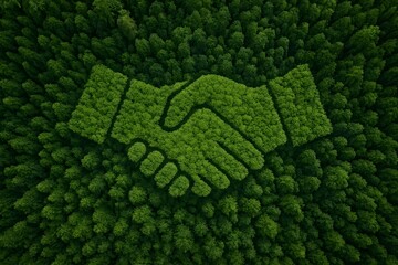 Green handshake symbol formed by trees in a forest from above