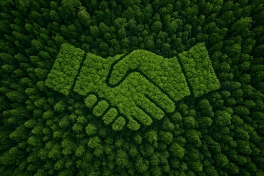 Green handshake symbol formed by trees in a forest from above - Powered by Adobe