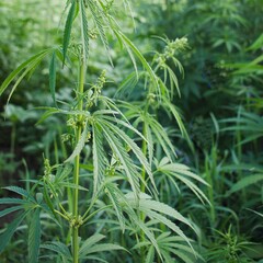 Leaves of cannabis plant in field. Green background of growing hemp field.