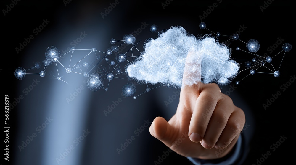 Poster hand working with cloud computing diagram. cloud computing and communication concept., no logos, no 