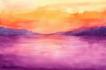 Fototapeta premium Serene Watercolor Sunset with Orange and Purple Hues Reflecting on Calm Waters