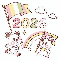 Kawaii animals celebrating with pastel flags and year