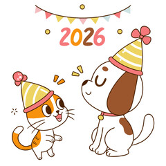 Kawaii cat and dog celebrating with party hats vector