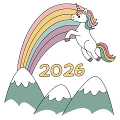 Unicorn jumping over mountains with rainbow and year