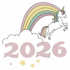 Unicorn leaping over clouds with rainbow and year stars