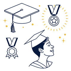 Graduation cap and medals with celebratory elements