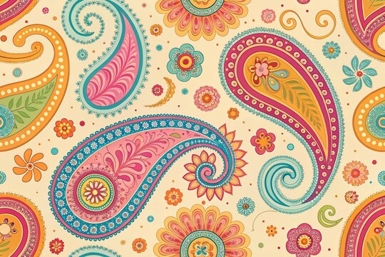 Vibrant paisley and floral pattern with bohemian flair and intricate details
