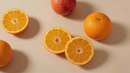 Citrus slices and whole fruit on a neutral background.
