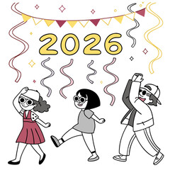 Festive celebration with dancing figures and year party