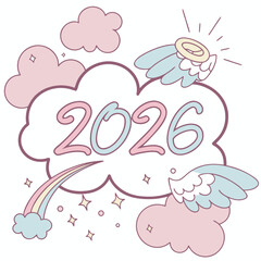 Pastel pink blue clouds angel wings rainbow stars vector