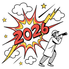 Man with telescope observing explosion and year comic