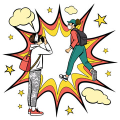 Comic explosion with people and speech bubble pop art