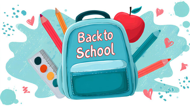 Colorful backpack surrounded by school supplies including pencils, an apple, and watercolor palette, illustrating the excitement of back-to-school season and educational preparation