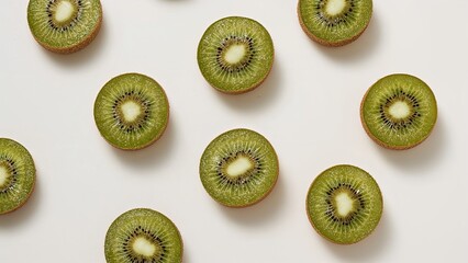 A geometric arrangement of kiwi fruit slices against a light background.