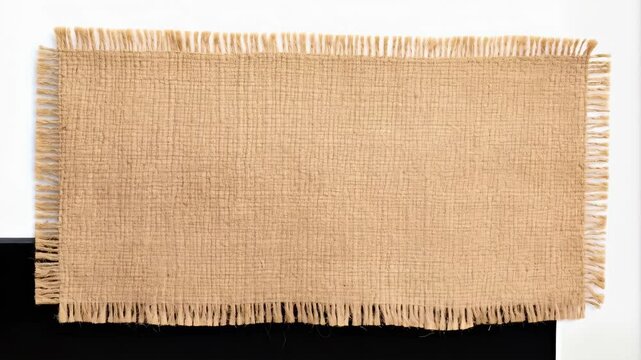 Tan burlap placemat with frayed fringe edges isolated on white and black surface background, full frame close-up studio shot
