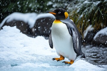 Fototapeta premium Small penguin chick walking on frozen ice surface