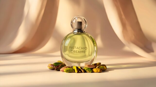 Elegant pistachio perfume bottle on bed of green pistachios &ndash; Great for fragrance branding, product packaging design, or luxury advertising.