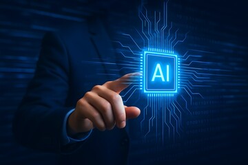 Businessman touches glowing ai chip with digital circuits and binary code background