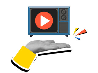 Black and white hand holding a retro TV with play button on screen. Modern collage style. Illustration on transparent background
