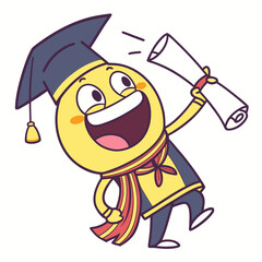 Cheerful yellow character in graduation attire holding diploma