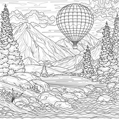 Landscape with mountains, river and hot air balloon.Coloring book antistress for children and adults. 