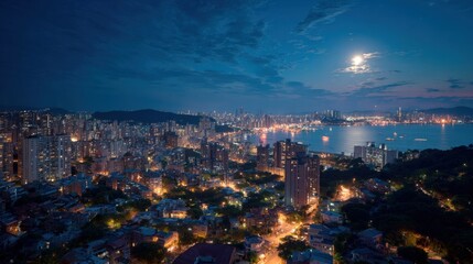 Fototapeta premium Night Cityscape with Full Moon