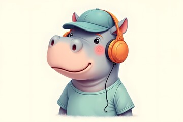 Naklejka premium pastel hippo boy with headphones dressed up in cap and t-shirt, furry art illustration