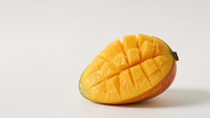 A diced mango half against a plain background.