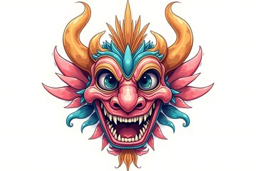 pastel Terrible Barong Mask Hand Drawn Color Doodle Illustration