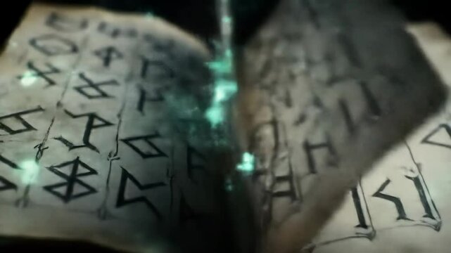 Ancient book with glowing runes turning pages in darkness
