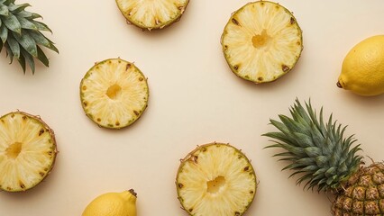 Pineapple slices and a lemon on a beige background.