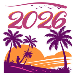 Naklejka premium Tropical sunset with palm trees and year beach