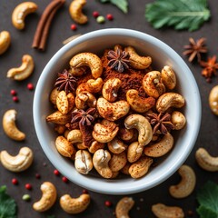 Fototapeta premium Spiced cashews in small white bowl, flat lay