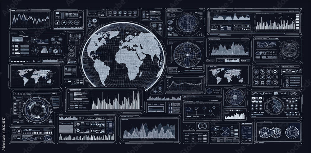 Poster control system with hud interface, screen monitor with 3d earth globe, ui frames, charts, diagram, d