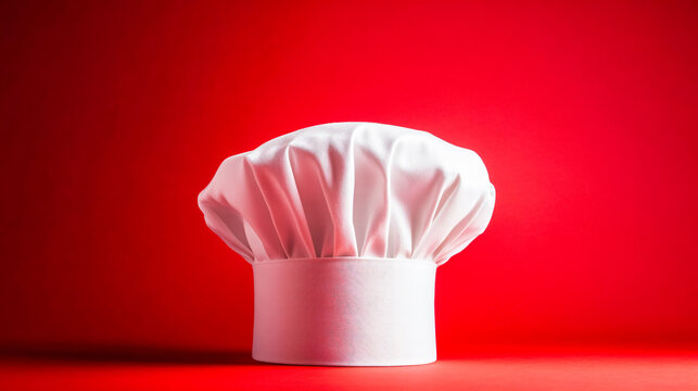 Crisp white chef's hat against a vibrant red backdrop offers a culinary symbol of cuisine and gastronomy.