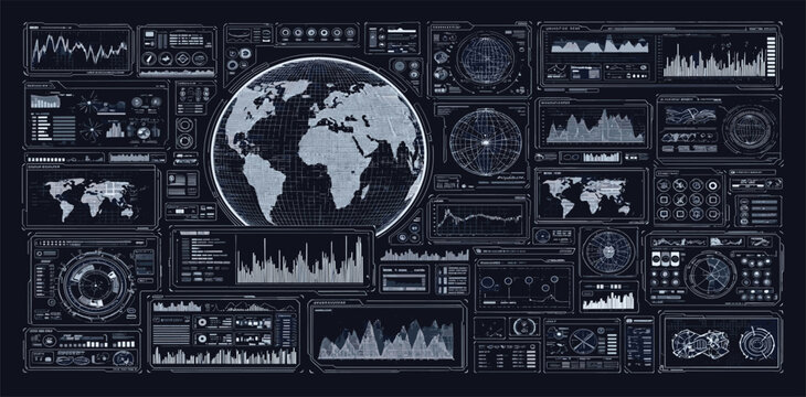 Control system with HUD interface, screen monitor with 3D earth globe, UI frames, charts, diagram, data. Cyberpunk futuristic user interface HUD, UI. Security system interface.