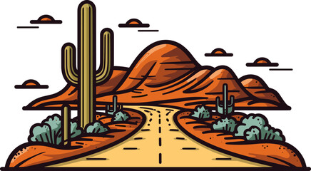 Desert Road with Cactus and Mountains Landscape Illustration