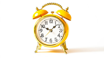 Yellow vintage alarm clock ticks on a clean white background, signaling time management and promptness.