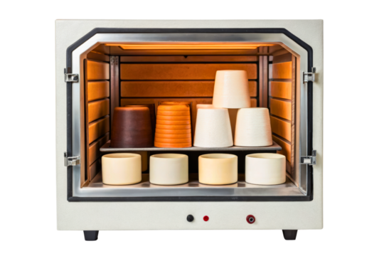 Handmade ceramic cups baking inside a hot pottery kiln isolated with transparent background