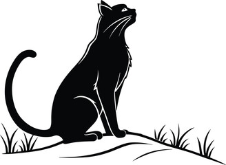 Black cat silhouette sitting on a branch with white background in vector illustration style