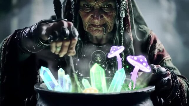 Old witch stirring a glowing potion in a dark cauldron with magic crystals and glowing mushrooms