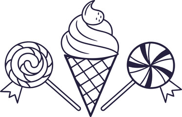 Ice Cream and Dessert Treats Set Featuring Cones Sundaes and Sweet Pastries. Delicious Dessert and Ice Cream Collection for Summer Snacks and Bakery Use. Colorful Ice Cream and Dessert Illustration