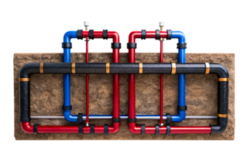 Hot and cold water pipe installation inside a wall section isolated with transparent background