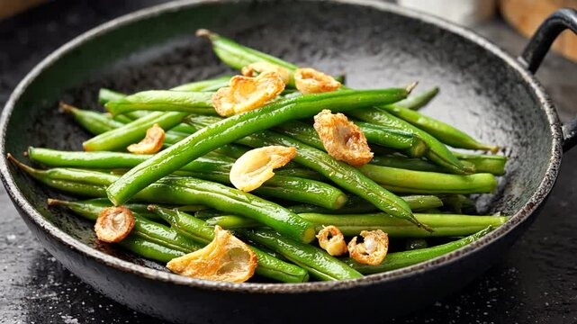 Freshly cooked green beans garnished with crispy shallots on a rustic black plate