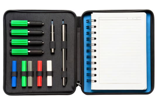 Open zippered portfolio with a notepad pens and supplies isolated with transparent background